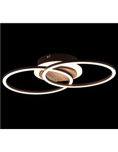 Giro plafoniera led doppio cerchio metallo nero con base illuminata effetto legno con telecomando multifunzione l. 47cm
