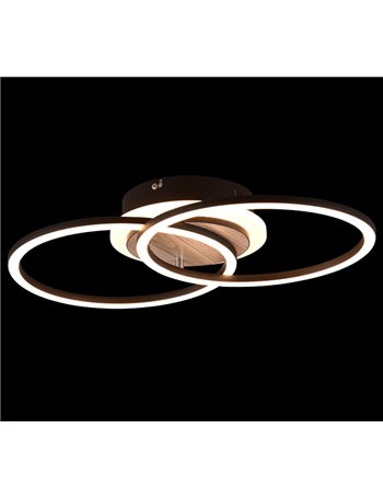 Giro plafoniera led doppio cerchio metallo nero con base illuminata effetto legno con telecomando multifunzione l. 47cm