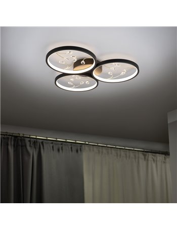 Groovy plafoniera led 3 cerchi con decori gemme trasparenti nera con funzione di regolazione intensita' con normale interruttore