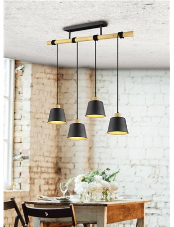 Harris sospensione 4 diffusori metallo nero interno oro con struttura e particolari in legno naturale l. 85cm