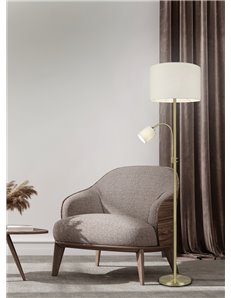 Hotel piantana ottone satinato con lampada da lettura paralumi bianco crema con accensioni separate h. 170cm