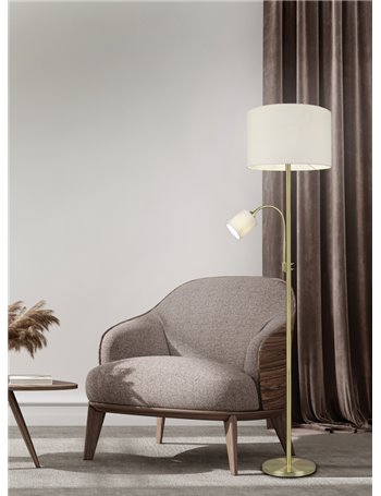 Hotel piantana ottone satinato con lampada da lettura paralumi bianco crema con accensioni separate h. 170cm