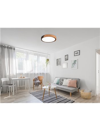 Jano plafoniera led rotonda bordo nero e legno naturale con funzione di regolazione intensita' con normale interruttore a parete
