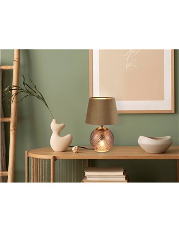 Jonna lampada da tavolo base vetro ambra illuminata con paralume velluto marrone h. 29cm