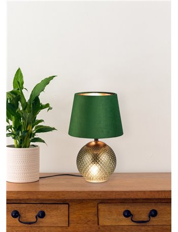Jonna lampada da tavolo base vetro verde illuminata con paralume velluto verde h. 29cm