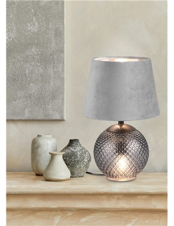 Jonna lampada da tavolo base vetro fume' illuminata con paralume velluto grigio h. 29cm