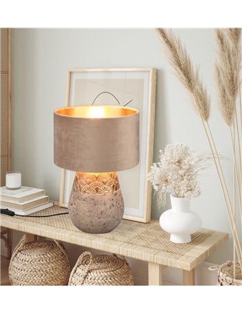 Kiran lampada da tavolo ceramica grigio e oro con paralume velluto beige e oro h. 39cm