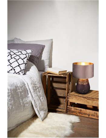 Kiran lampada da tavolo ceramica marrone e oro con paralume velluto rosa pastello e oro h. 39cm