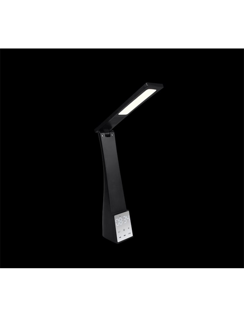 Trio Lighting Linus lampada da studio led nera ricaricabile, cassa  bluetooth, sveglia e temperatura h. 41cm R52681102 4251820306