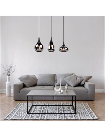 Lumina sospensione rettangolare metallo nero con 3 diffusori di vetro fume' cromato in forme differenti l. 60cm