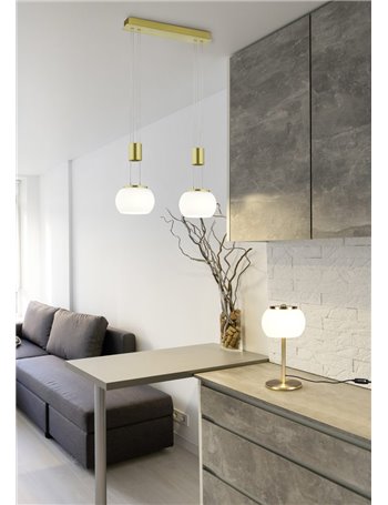 Madison lampada da tavolo led metallo ottone anticato e vetro bianco con regolazione intensita' touch h. 33cm