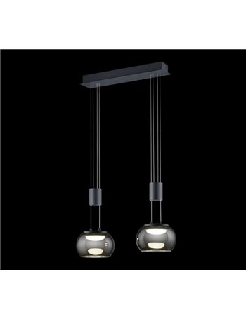 Madison sospensione led barra metallo nero e 2 vetri sfera fume' cromati con regolazione altezza con contrappeso e dimmerazione 