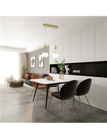 Madison sospensione led barra metallo ottone e 2 vetri sfera bianchi con regolazione altezza con contrappeso e dimmerazione inte