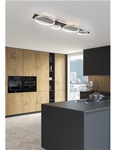 Medera plafoniera 4 cerchi metallo nero base legno bianco con dimmerazione ad interruttore l. 100cm 2