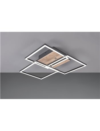 Mobile plafoniera led con 3 quadrati metallo nero orientabili con base effetto legno con telecomando multifunzione 42cm x 39cm Mobile plafoniera led con 3 quadrati metallo nero orientabili con base effetto legno con telecomando multifunzione 42cm x 39cm