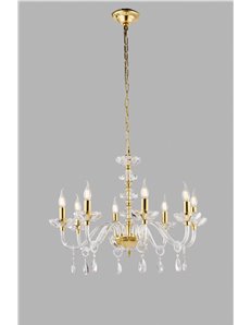 Vivandi lampadario 8 luci oro e vetro transparente cristalli gocce design