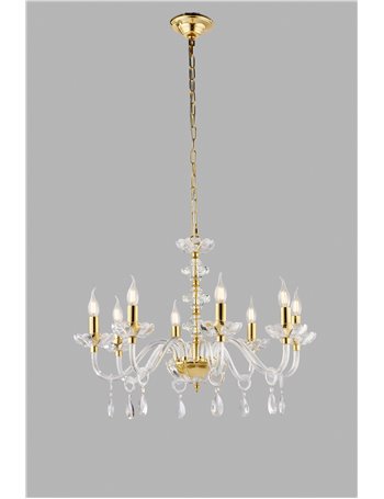 Vivandi lampadario 8 luci oro e vetro transparente cristalli gocce design