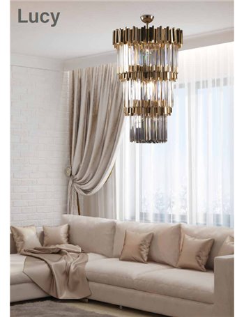 Lucy elegantissimo lampadario125 luci dorato rotondo losanghe in cristallo